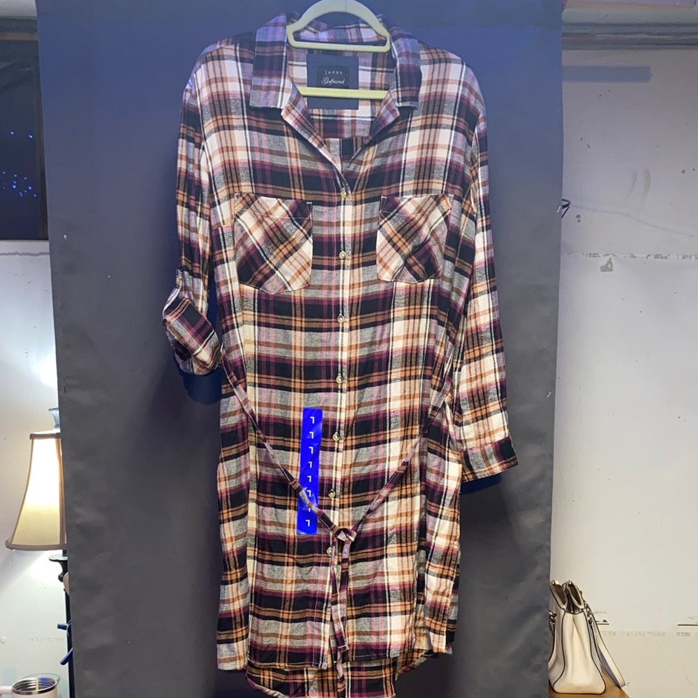 JACHS Girlfriend Plaid Shirt Dress in Burgundy, Navy & Cream